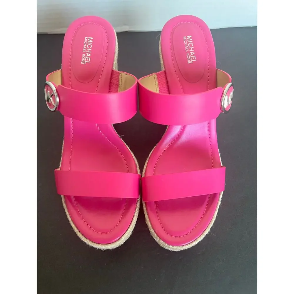 Michael Kors Leather Hot Pink Lucinda Slip On Espadrille Jute Wedge Sandals 10 - Picture 4 of 10